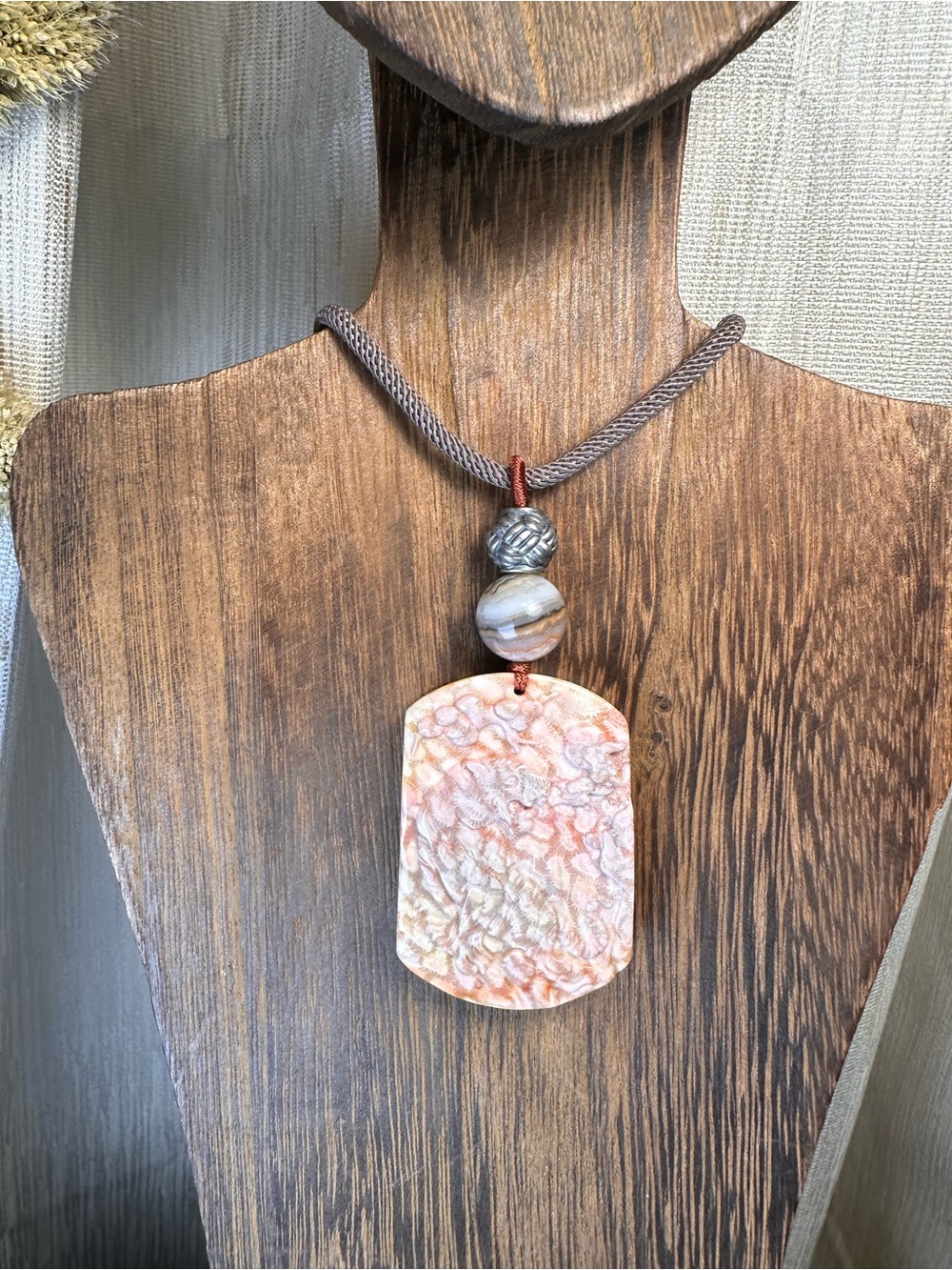 Coral Fossil Tiger Pendant Necklace on Light Brown Adjustable Rope - Picture 12 of 16